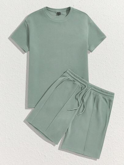 Manfinity VCAY Herren Einfarbig Einfacher Kurzarm Oberteil & Nahtvornetrack Shorts Set, Urlaub, Jogger Sommer Outfit