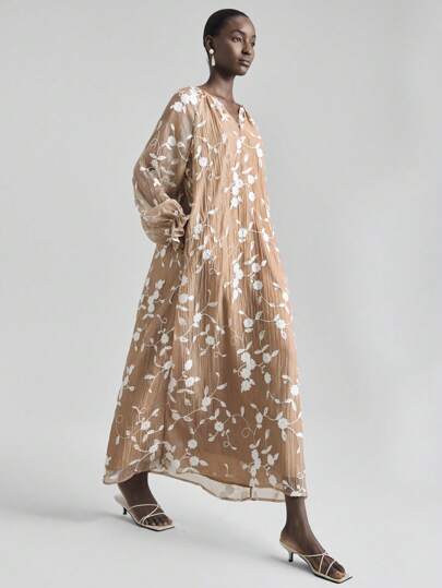 Ontre 2026 Spring/Summer New Vacation Style Embroidered Fabric Loose Fit Pale Yellow Round Neck Lantern Sleeve Long Sleeve Dress, Women Casual Long Dress Flared Skirt Beach Clothing, All Season  Ins Celebrity Same Style Vacation Style, Exotic Atmosphere, Country Concert, Western Style Clothing, High-Grade Fabric, Comfortable And Breathable Bohemian Style Vacation Wear