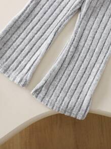 Babygirl Cute Grey Knitted Casual Long Sleeve Top And Elastic Waist Pants Set, Autumn/Winter Fall