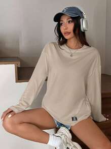 SHEIN EZwear Summer Solid Bow Decorated Cropped Slim Fit T-Shirt - Khaki - View 4