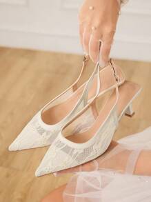 CUCCOO HITCHD White Lace Pointy Toe Hollow Out High Heel Pumps For Women, Bridal Wedding Vacation Style - Apricot - View 8