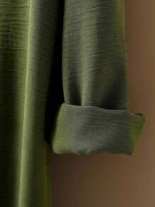 LanaWest Women's Pleated Drop Shoulder Button-Up Long Shirt Fall Cloth For Women - Dark Green - View 6