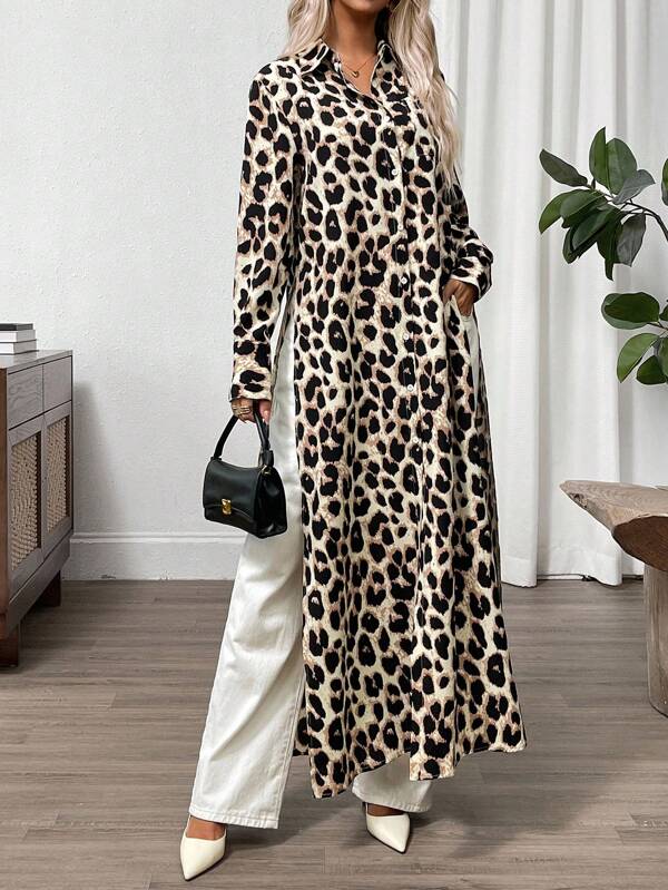 SHEIN Clasi Vestido casual largo de manga larga con botones frontales y estampado de leopardo para mujer