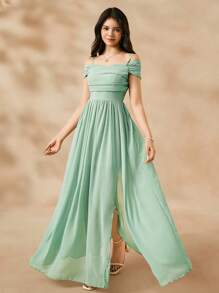 少女绿色清新雪纺吊带连衣裙，夏季优雅开衩沙滩度假连衣裙 - 綠色 - 查看 6