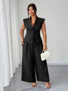 Elenzga Plus Size Women's Elegant Business Casual Commuting Daily Wear Blazer Jacket & Wide Leg Pants 2 Pieces Set - Black - View 5