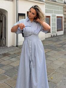 Jeta Ari Blue Striped Dress, Long Striped Dress, Summer Casual Long Dress,Women Casual Commute Striped Waist Shirt Dress - Blue and White - View 3