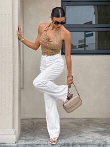 SHEIN Frenchy Camiseta de tirantes con cuello halter sin espalda y hebilla metálica con lentejuelas de moda de verano para mujer