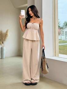 Comfortcana Women's Summer Vacation Linen Casual Solid Color Camisole And Pants Two Pieces Set, Suitable For Vacation Wear
