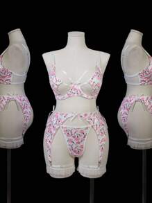 SHEIN Set de 5 piezas de lencería con estampado floral para tallas grandes, serie dulce y linda - Multicolor - Ver 8