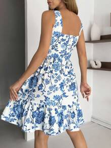 SHEIN VESTIDO LARGO ESTAMPADO EN AZUL Y BLANCO CORTE A PARA EL VERANO