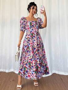Modelyn Plus Size Crinkle Printed Square Collar Puff Sleeve A-Line Dress