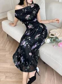 Modelyn 女士花卉印花斜肩上衣和裙子两件套，优雅夏日 - 黑色 - 查看 3