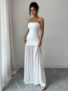 Selianne 女士优雅浪漫简约精致拼接无袖A字连衣裙 - 白色 - 查看 6