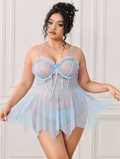 ROMWE Kawaii 大码浪漫网眼蕾丝蝴蝶结不规则下摆连衣裙 2 件套