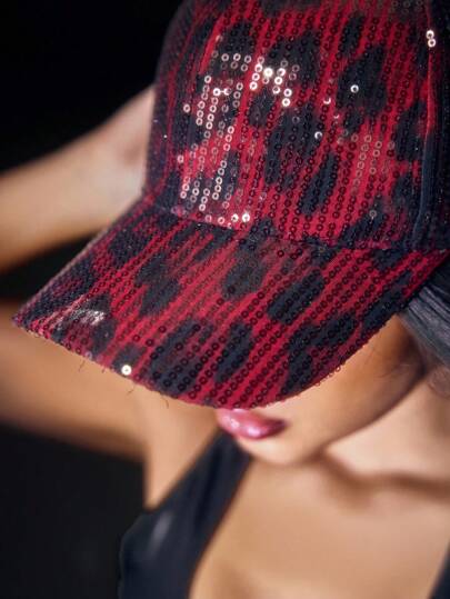 SHEIN SXY 女士时尚街头风格户外豹纹亮片棒球帽