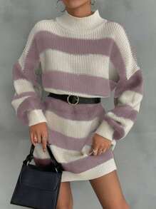 EURMUSE Women Drop Shoulder Sweater Dress With Striped Pattern,Petite - Rusty Rose - View 6