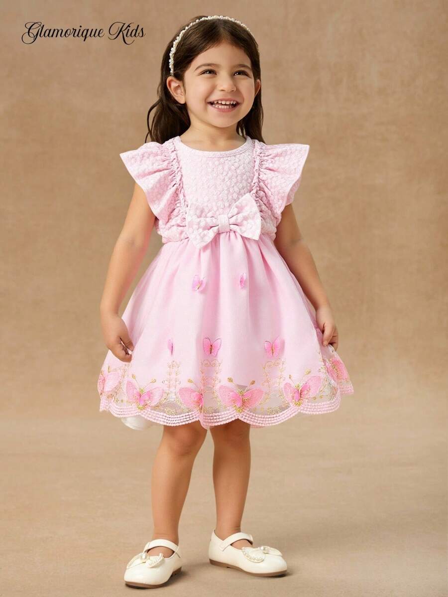 SHEIN Glamorique Kids 嬰兒女孩優雅蝴蝶結裝飾提花拼布蝴蝶鑲嵌網紗荷葉邊洋裝 - 粉色 - 查看 1