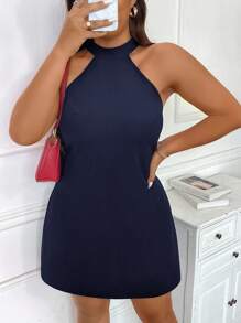 SHEIN Frenchy Plus Size Stylish Minimalist Elegant Solid Color Halter Tie Back Dress - Navy Blue - View 4