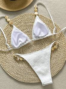 Bonvoyette 女士沙滩装优雅款式比基尼套装，纹理面料闪光亮片珍珠装饰性感比基尼套装 - 白色 - 查看 3