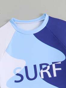 Tween Boy Letter Print Raglan Sleeve T-Shirt And Swim Trunks 2 Piece Set