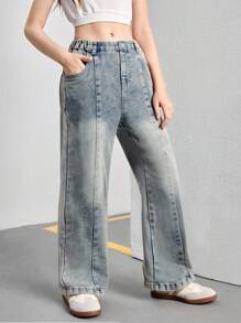 Jeans rectos holgados de pierna ancha lavados para niñas con costuras de contraste, casual y versátil para uso diario, diseño sencillo y de moda