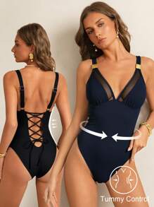 Shapewave 1 件女式黑色露背吊带连体泳衣，高弹力面料，修身显瘦塑身泳衣