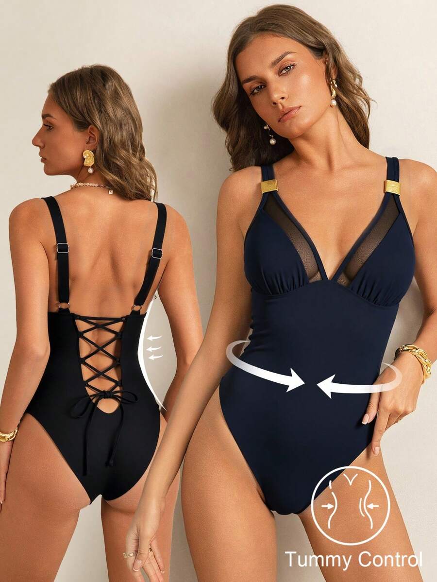 Shapewave 1 件女式黑色露背吊带连体泳衣，高弹力面料，修身显瘦塑身泳衣