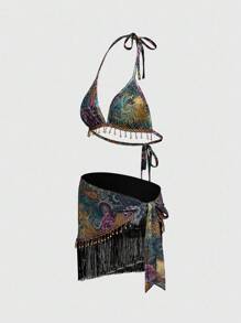 ROMWE Women's Retro Hippie Western Music Festival Beaded Fringe Hem Paisley Print Tie Bikini 2 Pieces Swimsuit Set - Multicolor - View 3