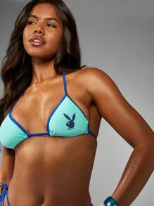 Missguided x Playboy Classic Triangle Bikini With Contrast Trim Beach Vacation Pool Party Summer Swim Essentials - Blue - View 4