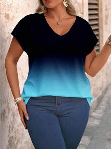 SHEIN LUNE Plus Size Women Ombre V Neck Short Sleeve Casual T-Shirt, Summer Floral Print Tee