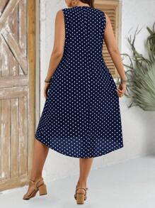 EMERY ROSE Vestido de vacaciones de mujer de talla grande con estampado de lunares, cuello redondo y sin mangas, Conjuntos de vacaciones de mujer, Atuendos de verano para mujer, Ropa de oficina, Atuendos de vacaciones de mujer, Atuendos de verano para mujer Festival Bohemio, Atuendo de vacaciones