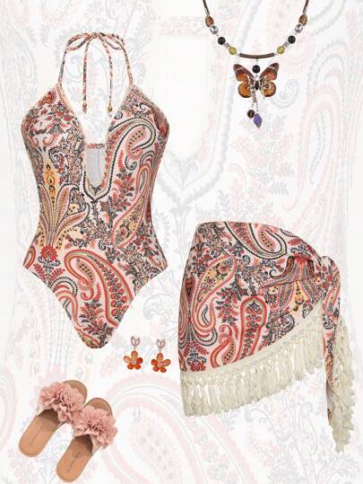Swim Oasis 1 Set: Random Paisley Print Deep-V Halter Monokini And Matching Tassel Cover Up Skirt, Women Swimsuit For Summer Beach Vacation