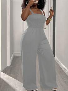 INAWLY 大码女式纯色宽松口袋阔腿休闲连体裤 - 淺灰色 - 查看 1