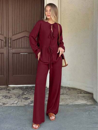 Cloudara WOMEN TWO PIECES OUTFIT WITH TIE KNOT DETAILED Two Piece Set Blouse And Pants Set Long Sleeve Jumpsuits For Women Casual Jumpsuits For Women Modest Two Piece Set  Fall Women Clothes Teacher Outfits For Women Autumn Clothes