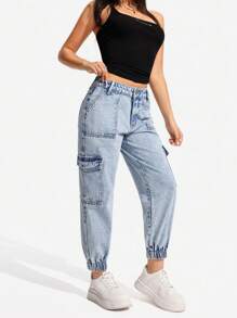 SHEIN PETITE 女士休闲日常水洗多口袋抽绳牛仔裤 - 淺色水洗藍 - 查看 6