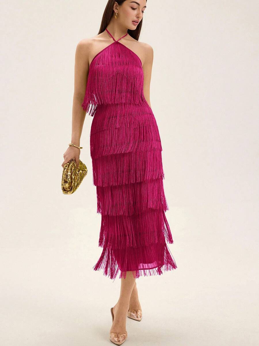 Aveloria Rosie Vestido fluido bohemio sin espalda con cuello cruzado y flecos en múltiples capas de unicolor para mujeres - Rosa Fucsia - Ver 1