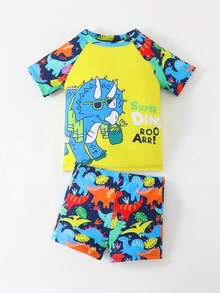 Young Boy Dinosaur Print Swimwear Set, Summer Holiday Beach