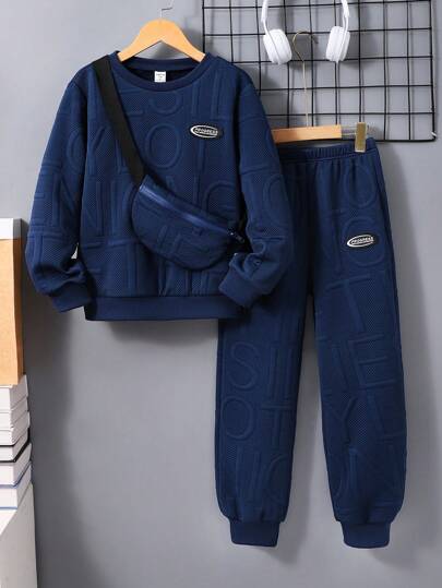 SHEIN 3 pièces Set: Sweat-shirt texturé avec lettres pour pré-adolescent, pantalon de survêtement et sac à dos (chaque article peut être vendu séparément)