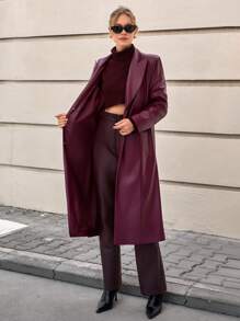 CLARA VERO 女士时尚街头时尚 PU 皮革翻领金色纽扣叶状长款风衣，时尚长款皮大衣 - 酒紅色 - 查看 4