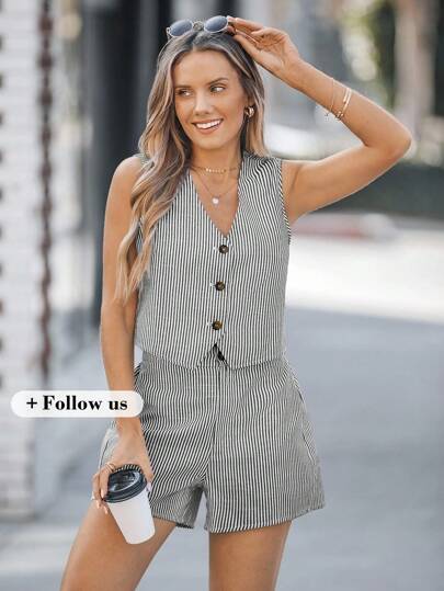 SHEIN LUNE Set de 2 piezas de chaleco con cuello en V a rayas y pantalones cortos, casual de verano, conjunto de verano de 2 piezas para vacaciones