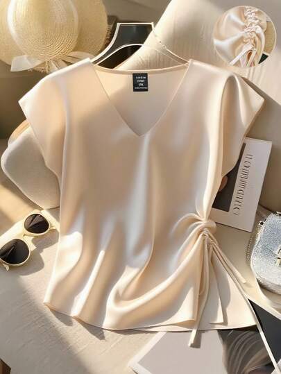 GlowEve CURVE 大码女式缎面V领褶饰收腰系带短袖衬衫