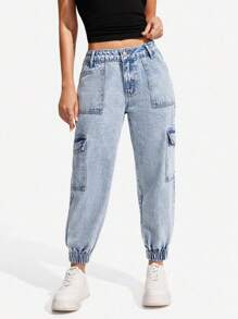 SHEIN PETITE 女士休闲日常水洗多口袋抽绳牛仔裤 - 淺色水洗藍 - 查看 1