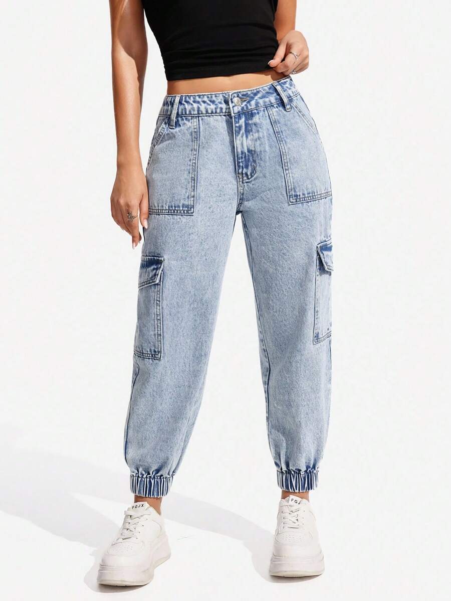 SHEIN PETITE 女士休闲日常水洗多口袋抽绳牛仔裤 - 淺色水洗藍 - 查看 1