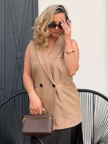 Jeta Ari Summer Commuting Single-Breasted Sleeveless Blazer Vest - Khaki - View 6