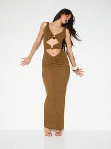 KIZN Vestido largo de punto con detalles de doble anillo con abertura, ajustado, para ocasiones de otoño e invierno, sin mangas, moderno y elegante