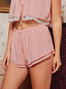 WESTFADE Summer Western Cowgirl Chiffon & Floral Lace Mid Rise Elasticized Waist Tiered Flowy Lounge Shorts - Baby Pink - View 5