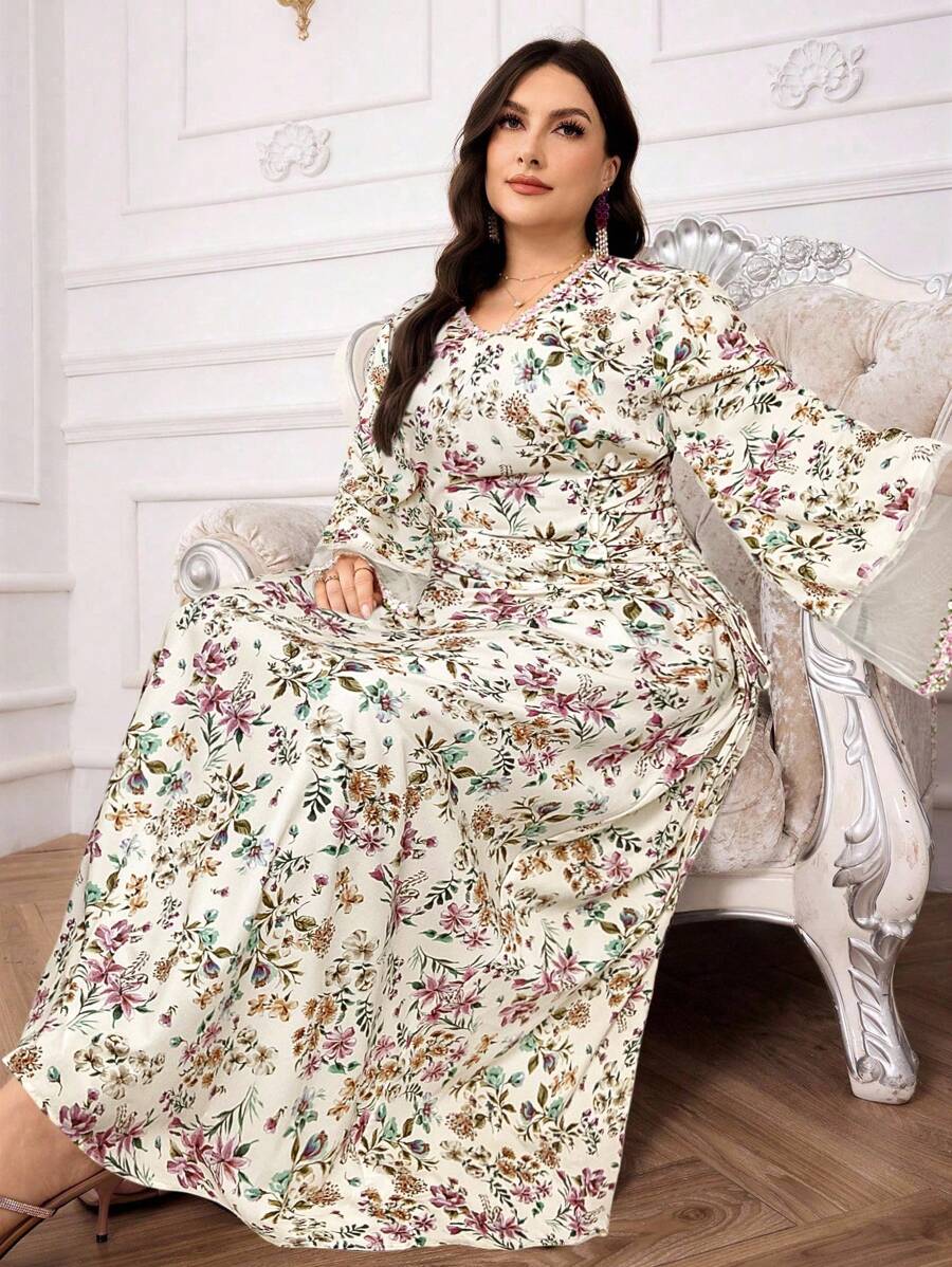 Al Najma 大码女式花卉印花 V 领喇叭袖侧系腰阿拉伯风格连衣裙 - 杏色 - 查看 1