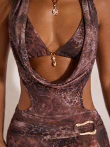 Opulessa 2件套针织印花短款上衣和加长连衣裙女套装 - 棕色 - 查看 1