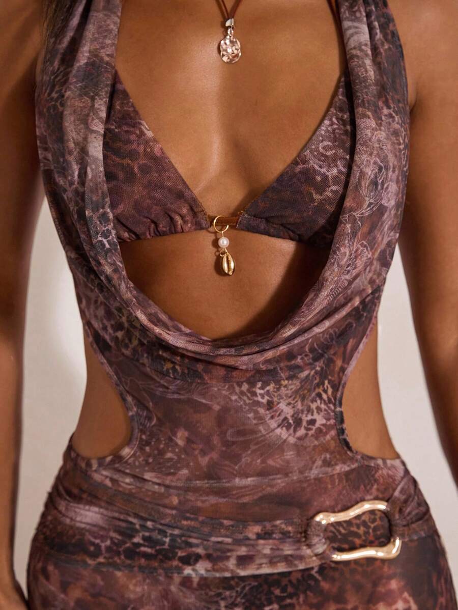 Opulessa 2件套针织印花短款上衣和加长连衣裙女套装 - 棕色 - 查看 1