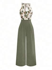 Celure Plus Size Rose Print Contrast Color Drawstring Jumpsuit, Elegant & Romantic Loose Fit New Design, Suitable For Valentine's Day Floral Jumpsuit Green Jumpsuit Women Jumpsuits For Women Wide Leg Halter Jumpsuit Boho Jumpsuit